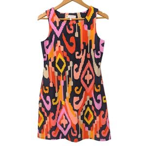 Jude Connally Womens Small Ikat Shift Dress Navy Orange Pink Sleeveless USA Made